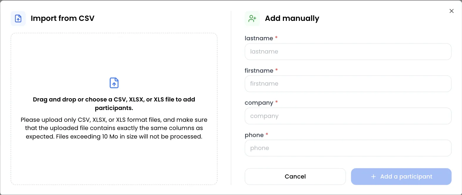 The add window of an imported event: “Import from CSV” drop zone on the left, “Add manually” form on the right with the lastname, firstname, company and phone fields, Cancel and Add a participant (greyed out) buttons