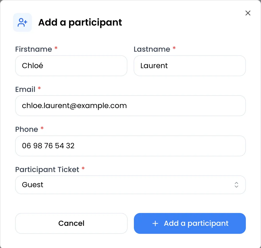 The Add a participant window filled in for Chloé Laurent, chloe.laurent@example.com, “Phone” field set to 06 98 76 54 32, Participant Ticket “Guest”, Cancel and Add a participant buttons