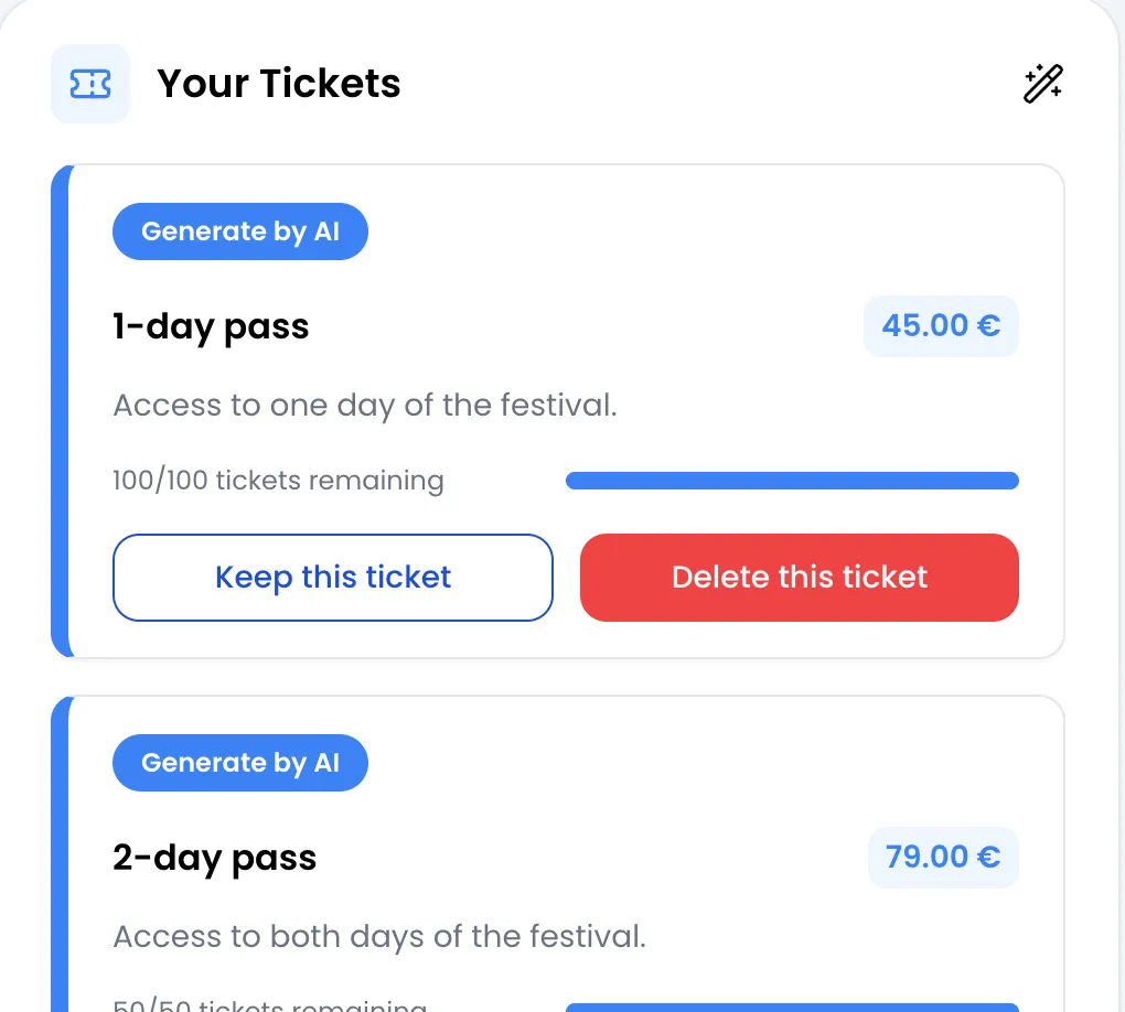 “Your Tickets” block with two suggestions marked “Generate by AI”: 1-day pass at 45.00 € (100/100 tickets remaining) with the “Keep this ticket” and “Delete this ticket” buttons, then 2-day pass at 79.00 €