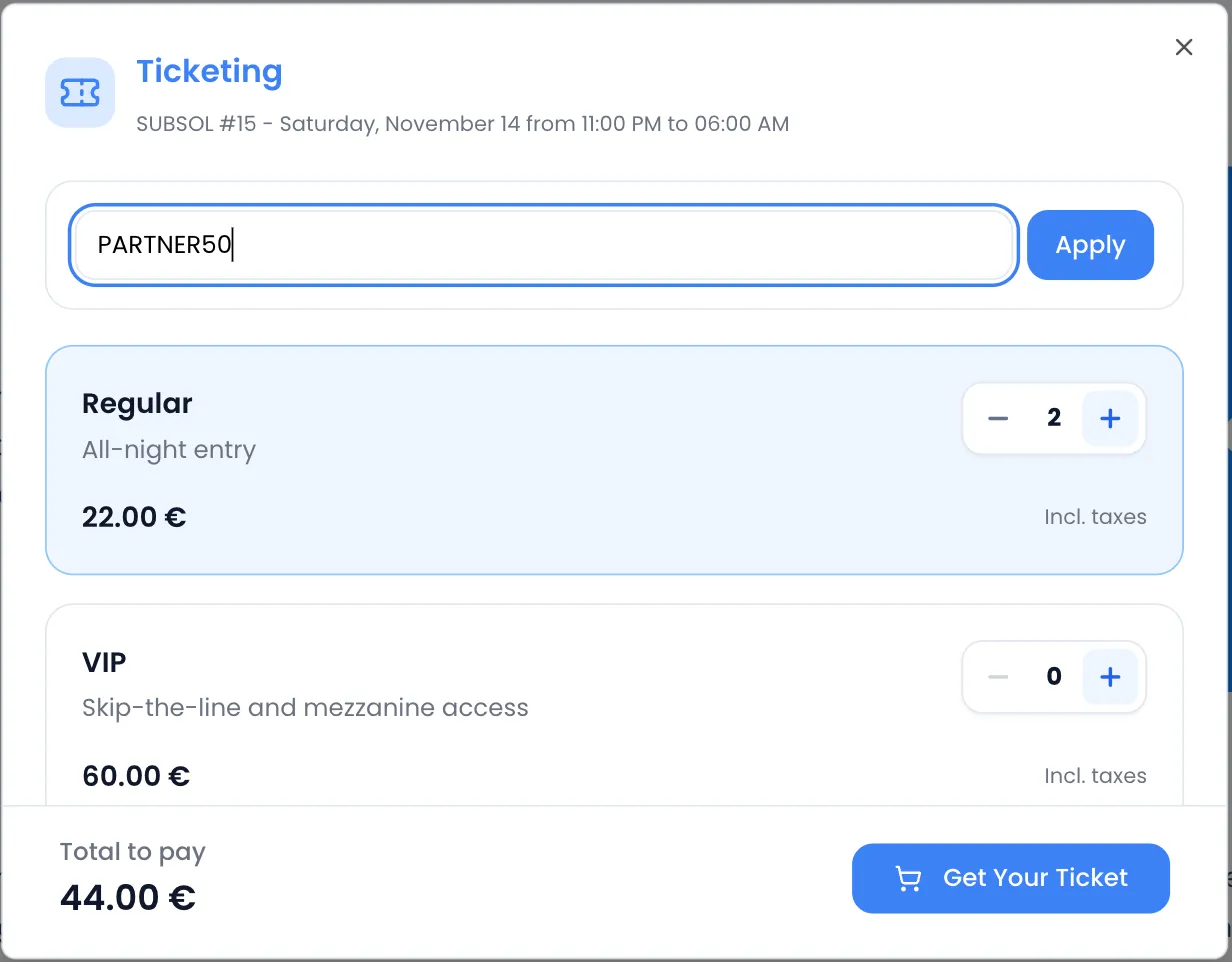 “Ticketing” purchase window for SUBSOL #15 with the code field open: PARTNER50 typed and the Apply button, not applied yet; below, 2 “Regular” tickets selected, the “VIP” ticket and “Total to pay 44.00 €”