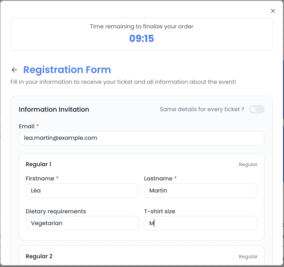 «Registration Form» con el temporizador «Time remaining to finalize your order» en 09:15, la parte «Information Invitation» (interruptor «Same details for every ticket ?» desactivado, email lea.martin@example.com) y la entrada «Regular 1» rellenada: Léa Martin, «Dietary requirements» Vegetarian, «T-shirt size» M; abajo, el principio de «Regular 2»