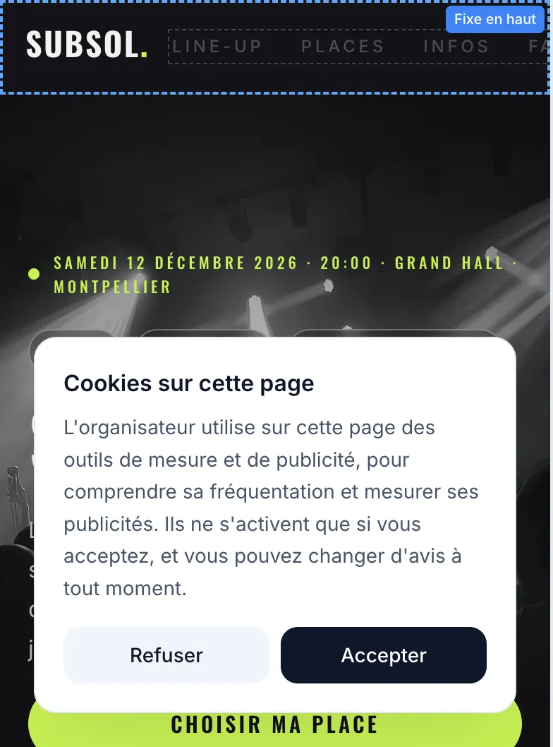 Aperçu mobile de la page SUBSOL LIVE dans l'éditeur (samedi 12 décembre 2026, Grand Hall, Montpellier) avec le bandeau « Cookies sur cette page » par-dessus le contenu et ses boutons Refuser et Accepter