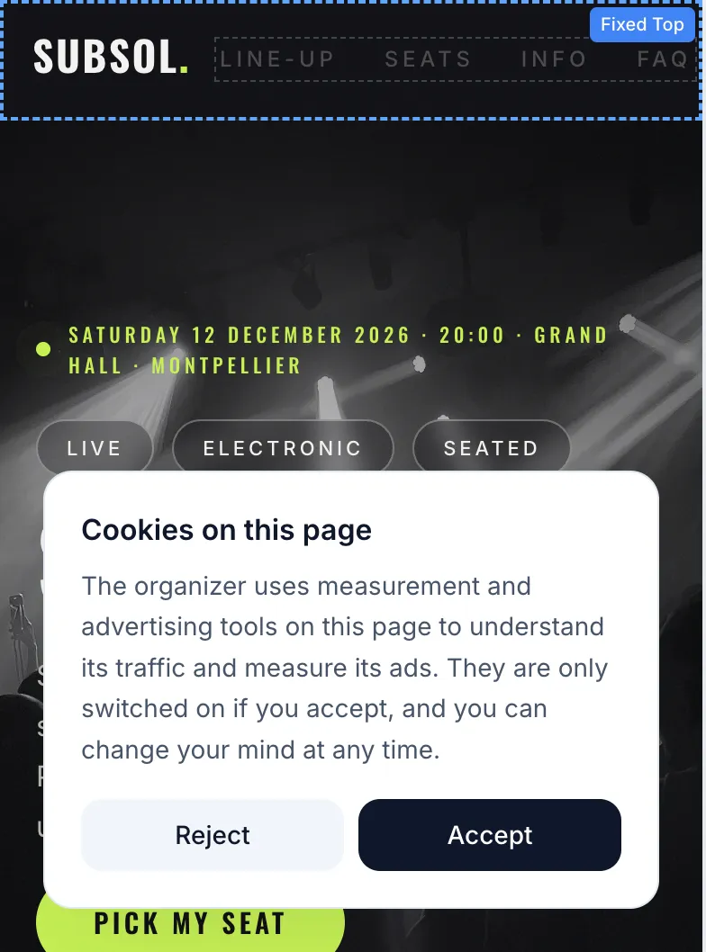 Vista previa móvil de la página SUBSOL LIVE en el editor (Saturday 12 December 2026, Grand Hall, Montpellier) con el banner «Cookies on this page» sobre el contenido y sus botones Reject y Accept