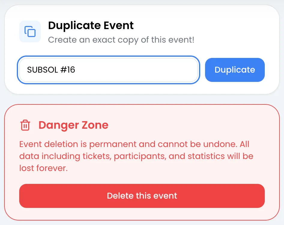 Tarjeta «Duplicate Event» con el campo de nombre relleno con SUBSOL #16 y el botón «Duplicate» y, debajo, la tarjeta «Danger Zone» con su advertencia y el botón «Delete this event»