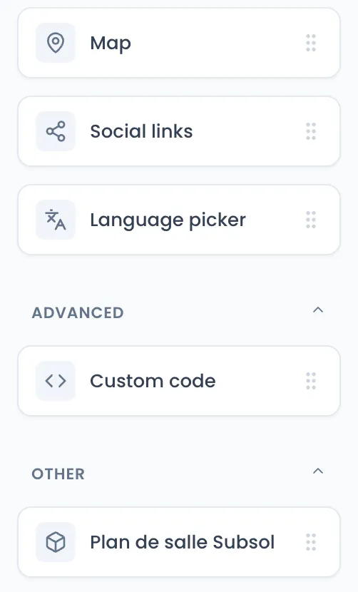 Final de la lista de bloques del editor: Map, Social links y Language picker, la categoría Advanced con Custom code y, después, la categoría OTHER con el bloque de la extensión instalada «Plan de salle Subsol»