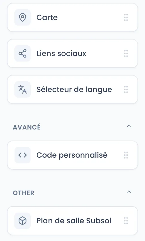 Bas de la liste des blocs de l'éditeur : Carte, Liens sociaux et Sélecteur de langue, catégorie Avancé avec Code personnalisé, puis catégorie OTHER avec le bloc de l'extension installée « Plan de salle Subsol »