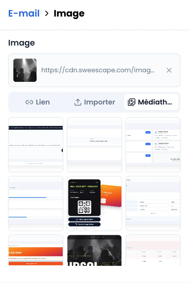 Réglages d'un bloc Image (E-mail > Image) : image choisie avec son adresse cdn.sweescape.com, onglets Lien, Importer et Médiathèque, onglet Médiathèque ouvert avec une grille de visuels déjà utilisés