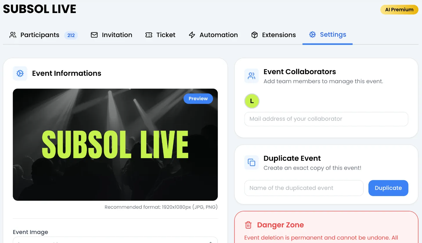 The Settings tab of the SUBSOL LIVE event: on the left, the Event Informations card with the SUBSOL LIVE image preview; on the right, the Event Collaborators card (empty field), the Duplicate Event card and the top of the Danger Zone