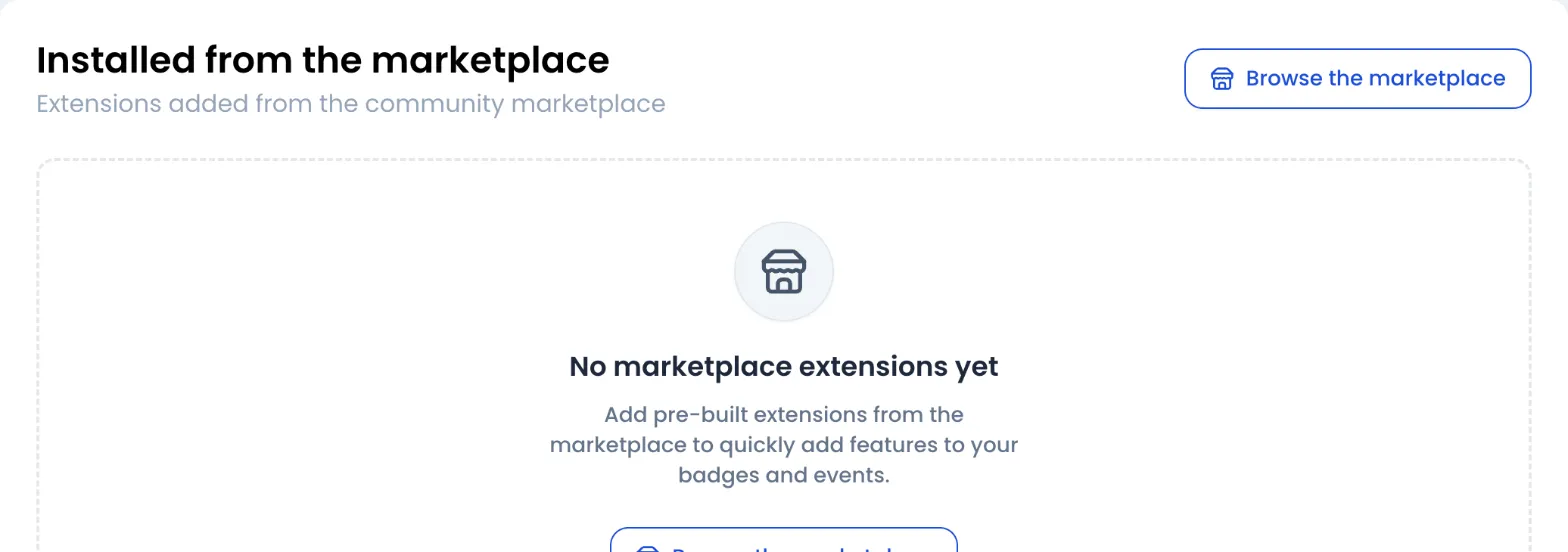 Installed from the marketplace section of the Extensions page, empty with the message “No marketplace extensions yet”, and the Browse the marketplace button at the top right