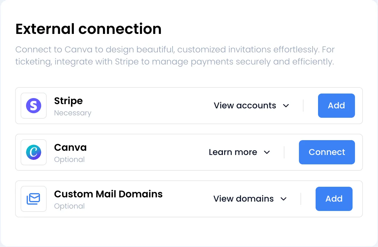 Tarjeta «External connection» con tres filas: Stripe marcada «Necessary» con los botones «View accounts» y «Add», Canva marcada «Optional» con los botones «Learn more» y «Connect», y «Custom Mail Domains» marcada «Optional» con los botones «View domains» y «Add»