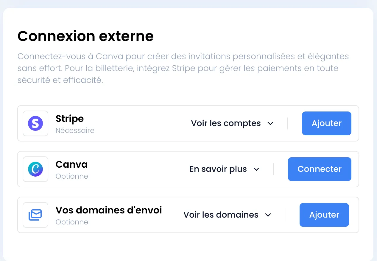 Carte Connexion externe avec trois lignes : Stripe marqué Nécessaire avec les boutons Voir les comptes et Ajouter, Canva marqué Optionnel avec les boutons En savoir plus et Connecter, Vos domaines d'envoi marqué Optionnel avec les boutons Voir les domaines et Ajouter