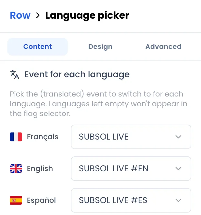 Ajustes del bloque Language picker, pestaña Content, apartado Event for each language: Français asociado a «SUBSOL LIVE», English a «SUBSOL LIVE #EN», Español a «SUBSOL LIVE #ES»