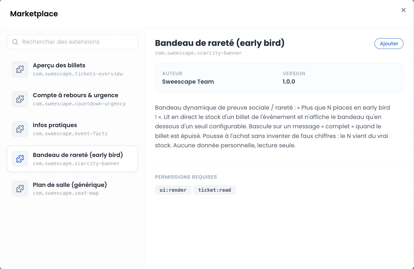 Fenêtre Marketplace : liste de cinq extensions à gauche, fiche de Bandeau de rareté (early bird) à droite avec l'auteur Sweescape Team, la version 1.0.0, la description, les permissions ui:render et ticket:read, et le bouton Ajouter