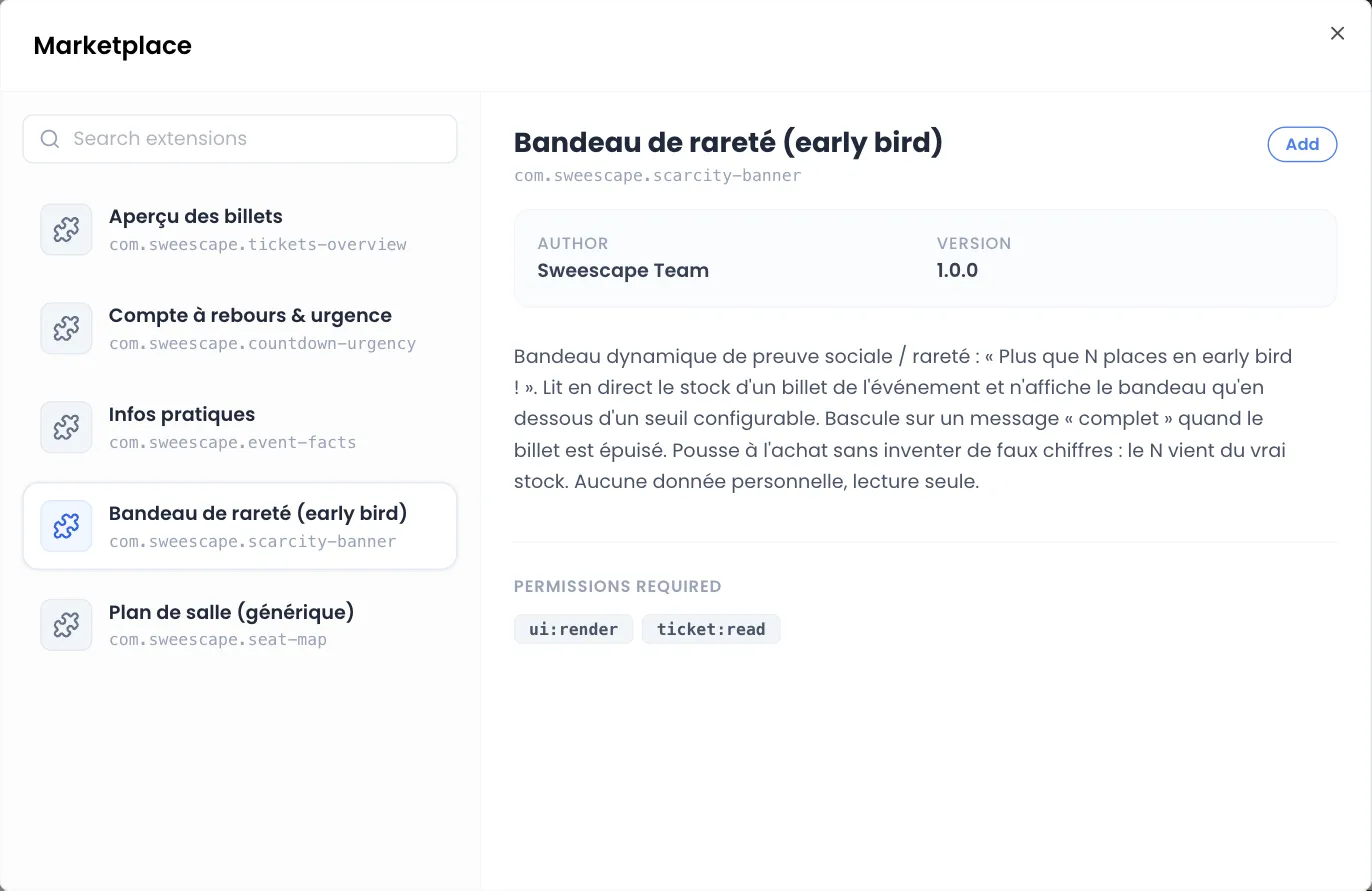 Ventana Marketplace: lista de cinco extensiones a la izquierda, ficha de Bandeau de rareté (early bird) a la derecha (los nombres y descripciones de las extensiones están en francés) con el autor Sweescape Team, la versión 1.0.0, la descripción, los permisos ui:render y ticket:read, y el botón Add