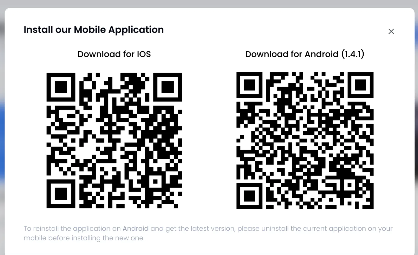 Install our Mobile Application window with two QR codes, Download for IOS on the left and Download for Android (1.4.1) on the right, and the Android uninstall instruction below