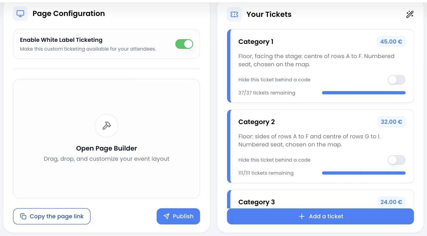 A la izquierda la tarjeta Page Configuration con el interruptor Enable White Label Ticketing activado, la zona Open Page Builder y los botones Copy the page link y Publish; a la derecha la tarjeta Your Tickets con Category 1 a 45.00 €, Category 2 a 32.00 €, el comienzo de Category 3 y el botón Add a ticket