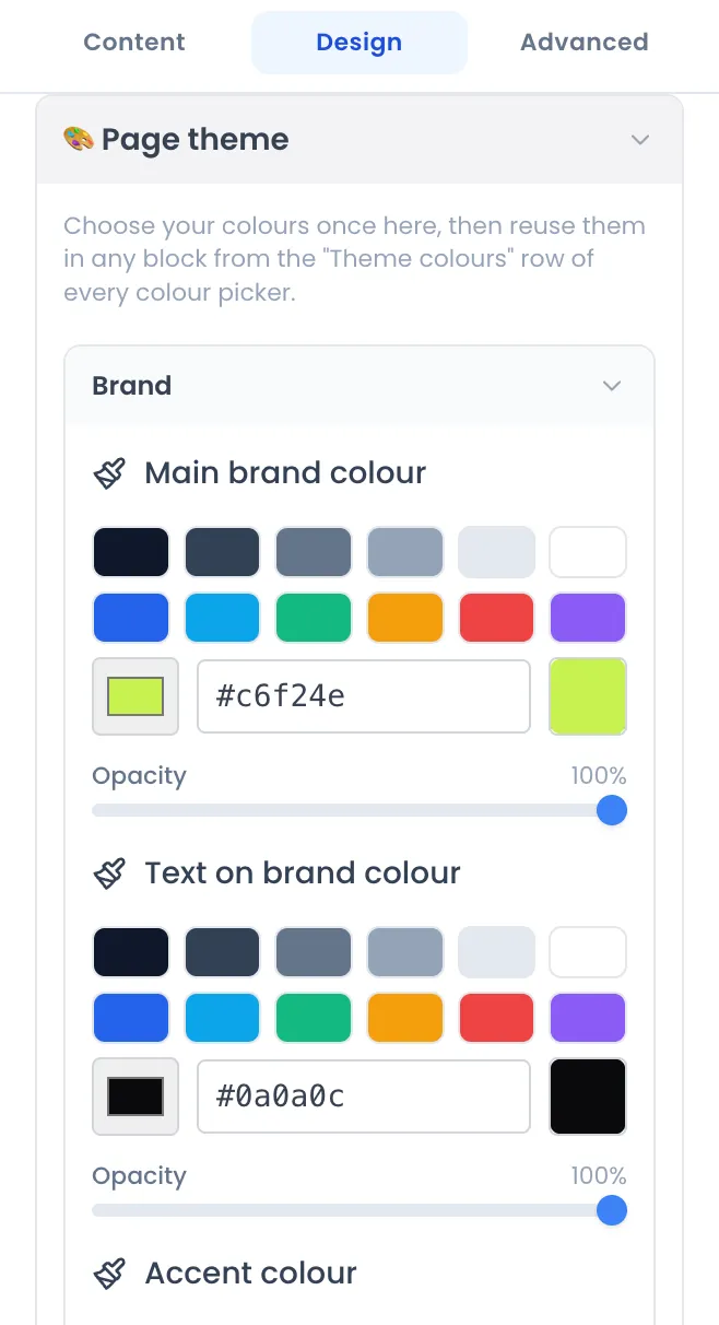 Design tab, Page theme section open with the Brand group expanded: Main brand colour #c6f24e (acid green) and Text on brand colour #0a0a0c, each with its palette and an Opacity slider at 100%, and the Accent colour setting below
