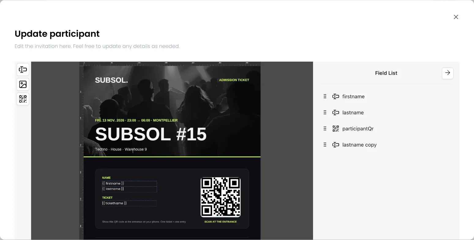 Editor de PDF «Update participant» abierto sobre la entrada negra SUBSOL #15: las variables firstname y lastname bajo NAME, ticketName bajo TICKET, el código QR a la derecha sobre un recuadro blanco, la barra de herramientas de texto, imagen y QR a la izquierda y el panel «Field List» (firstname, lastname, participantQr, lastname copy) a la derecha