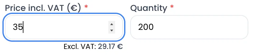 Campo «Price incl. VAT (€)» con 35, con debajo la vista previa «Excl. VAT: 29.17 €», junto al campo «Quantity» con 200