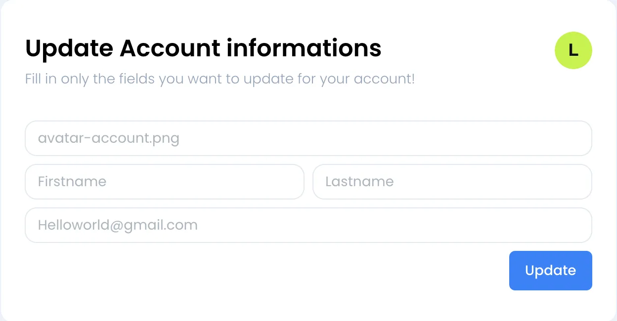 Tarjeta «Update Account informations» con el avatar actual a la derecha del título, el selector de archivo (avatar-account.png), los campos «Firstname» y «Lastname», el campo de email y el botón «Update»