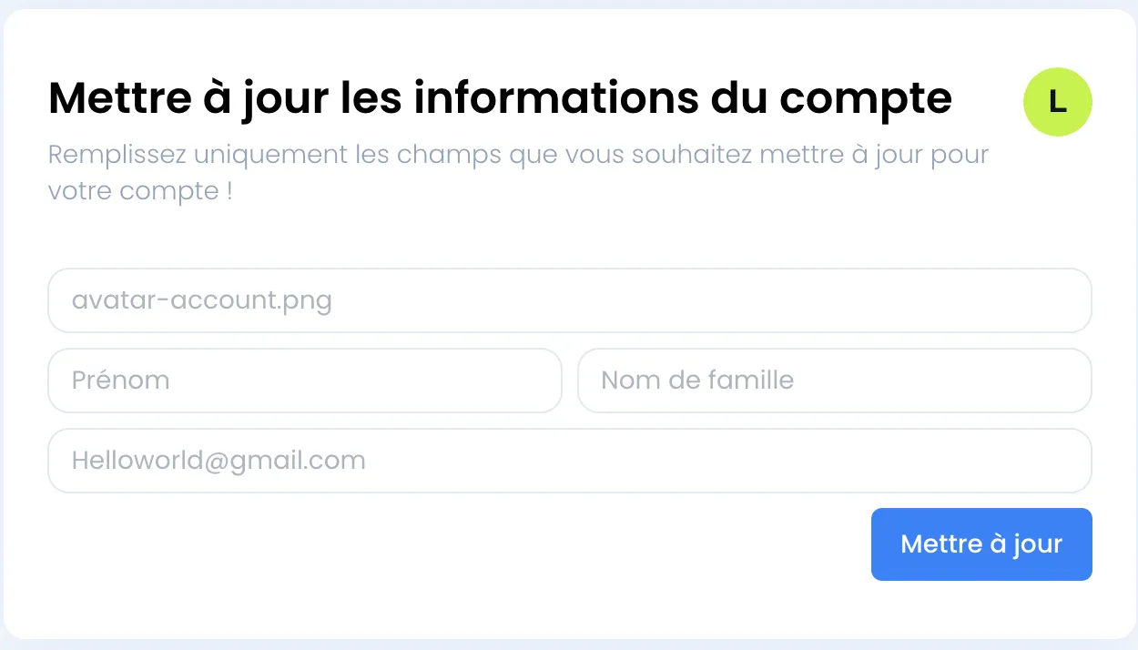 Carte Mettre à jour les informations du compte avec l'avatar actuel à droite du titre, le sélecteur de fichier, les champs Prénom et Nom de famille, le champ email et le bouton Mettre à jour