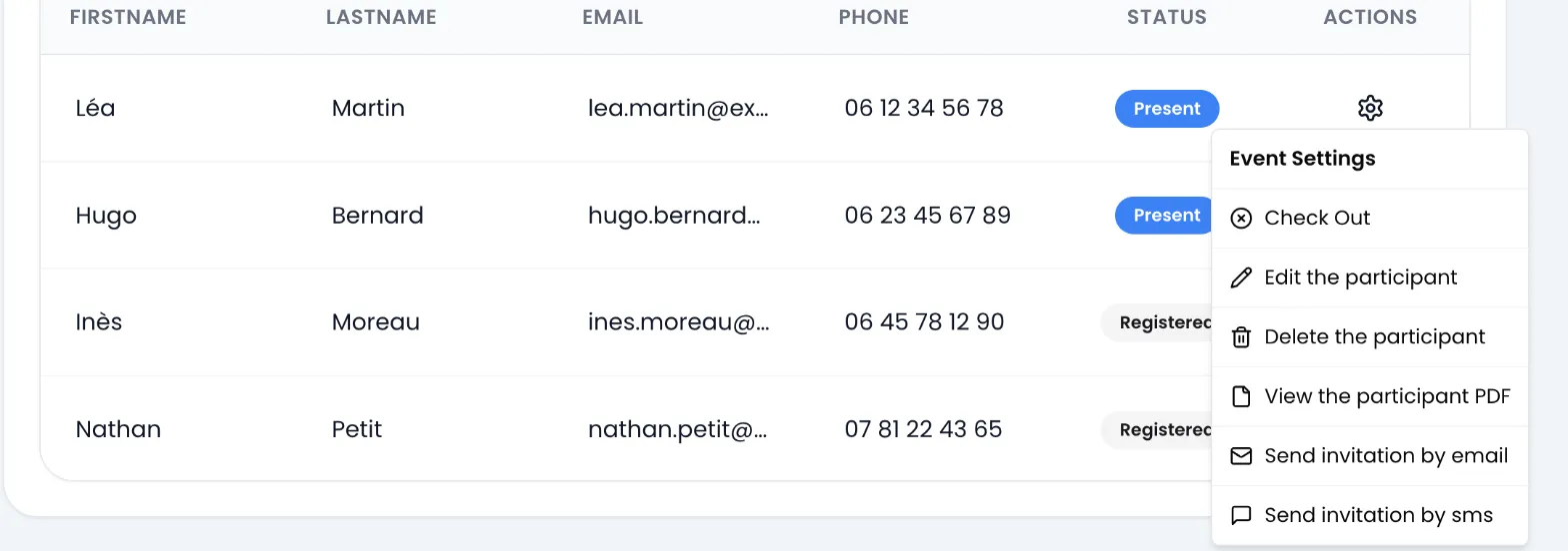 The “Event Settings” menu open on Léa Martin's row, marked Present: Check Out, Edit the participant, Delete the participant, View the participant PDF, Send invitation by email, Send invitation by sms