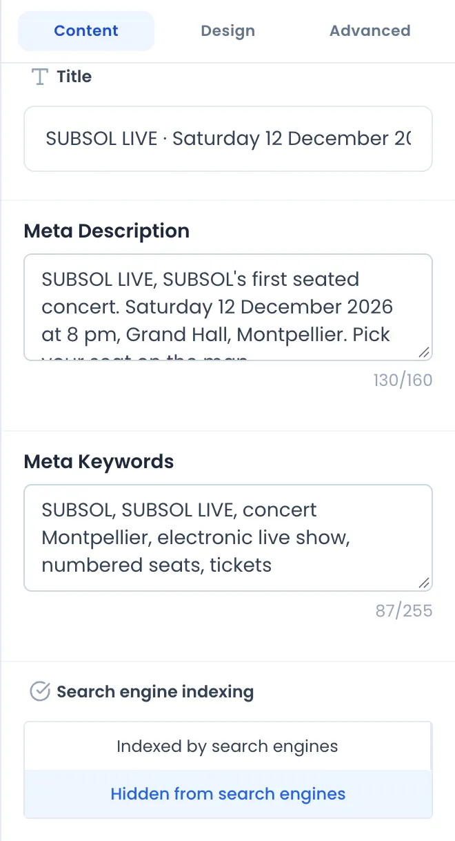 Content tab of the page settings: Title “SUBSOL LIVE · Saturday 12 December…”, Meta Description about the concert at the Grand Hall, Montpellier with its 130/160 counter, Meta Keywords (87/255), and Search engine indexing set to Hidden from search engines