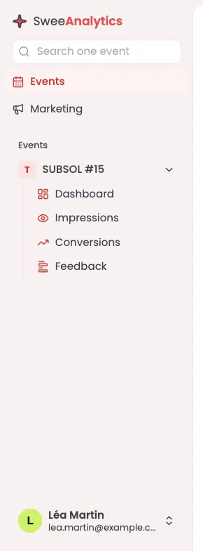 Barra lateral de SweeAnalytics: campo Search one event, botones Events y Marketing, evento SUBSOL #15 desplegado con Dashboard, Impressions, Conversions y Feedback, y abajo la cuenta de Léa Martin