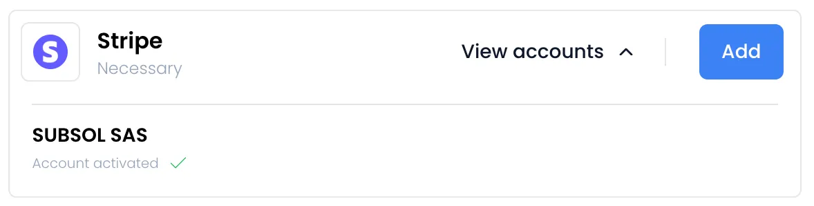 The Stripe row marked “Necessary”, expanded with “View accounts”: a single account, SUBSOL SAS, marked “Account activated” with a green check mark, and the “Add” button on the right