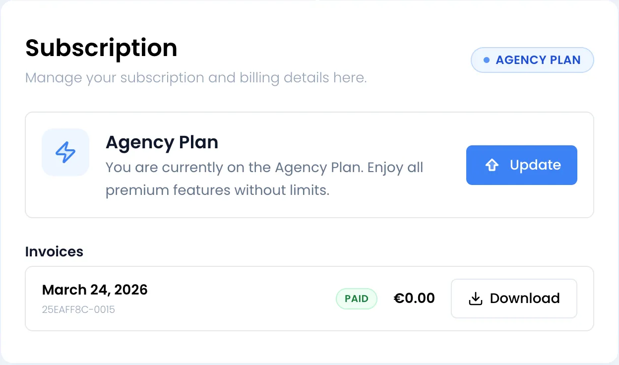 Subscription card with the AGENCY PLAN badge, the Agency Plan box and its Update button, and the Invoices list with a single invoice: March 24, 2026, no. 25EAFF8C-0015, PAID, €0.00, Download button