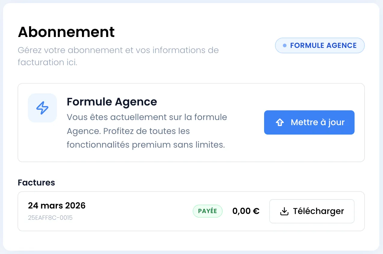 Carte Abonnement avec le badge FORMULE AGENCE, l'encadré Formule Agence et son bouton Mettre à jour, et la liste Factures avec une seule facture : 24 mars 2026, n° 25EAFF8C-0015, PAYÉE, 0,00 €, bouton Télécharger