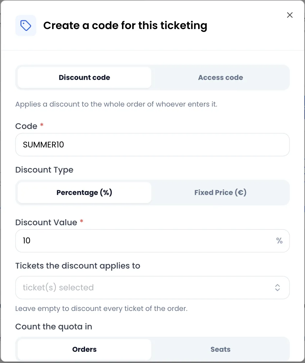 “Create a code for this ticketing” window, “Discount code” tab: code SUMMER10, Percentage (%) type, value 10, “Tickets the discount applies to” empty, “Count the quota in” set to Orders