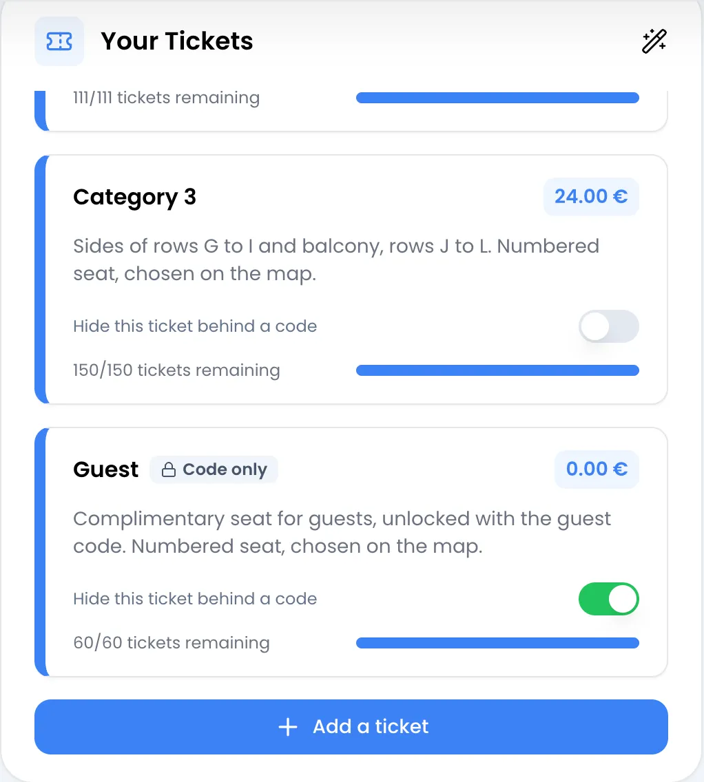 Bloque «Your Tickets»: el final de una tarjeta (111/111 tickets remaining), «Category 3» a 24.00 € con el interruptor «Hide this ticket behind a code» desactivado y 150/150 tickets remaining, «Guest» a 0.00 € con la insignia «Code only», el interruptor activado y 60/60 tickets remaining, y el botón «Add a ticket»