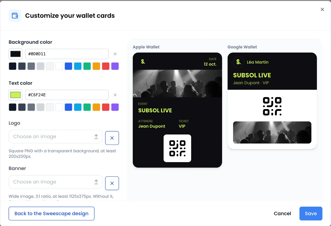 “Customize your wallet cards” window: background color #0D0D11, text color #C6F24E, empty Logo and Banner fields, and on the right the Apple Wallet (SUBSOL LIVE, Jean Dupont, VIP ticket) and Google Wallet previews; at the bottom, Back to the Sweescape design, Cancel and Save